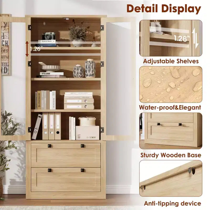 71 Tall Kitchen Pantry Cabinet - Modern Display Storage Cabinet with 2 Large Drawers, Glass Doors, and Adjustable Shelves,Farmhouse Kitchen Cupboard