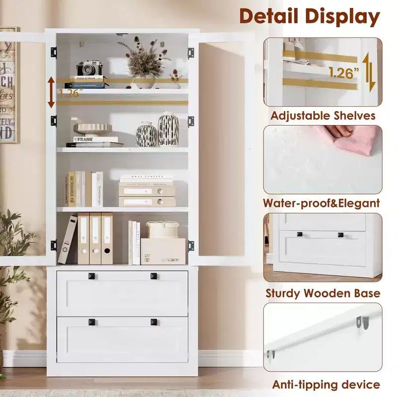 71 Tall Kitchen Pantry Cabinet - Modern Display Storage Cabinet with 2 Large Drawers, Glass Doors, and Adjustable Shelves,Farmhouse Kitchen Cupboard