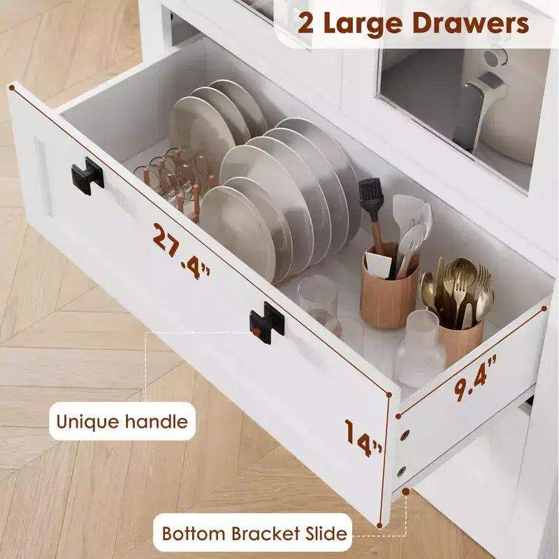 71 Tall Kitchen Pantry Cabinet - Modern Display Storage Cabinet with 2 Large Drawers, Glass Doors, and Adjustable Shelves,Farmhouse Kitchen Cupboard