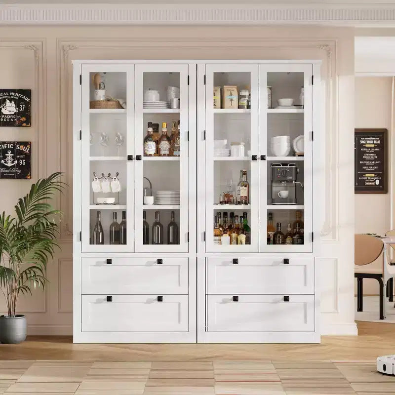 71 Tall Kitchen Pantry Cabinet - Modern Display Storage Cabinet with 2 Large Drawers, Glass Doors, and Adjustable Shelves,Farmhouse Kitchen Cupboard