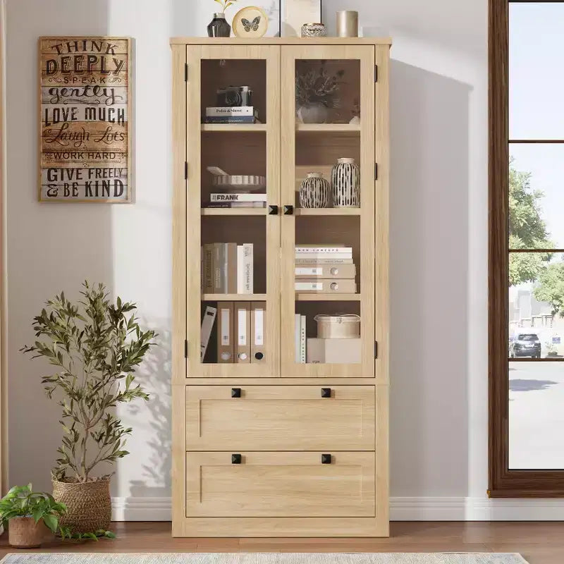 71 Tall Kitchen Pantry Cabinet - Modern Display Storage Cabinet with 2 Large Drawers, Glass Doors, and Adjustable Shelves,Farmhouse Kitchen Cupboard