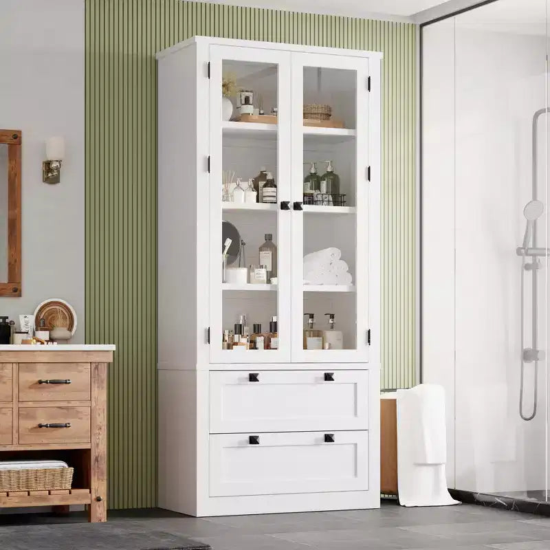 71 Tall Kitchen Pantry Cabinet - Modern Display Storage Cabinet with 2 Large Drawers, Glass Doors, and Adjustable Shelves,Farmhouse Kitchen Cupboard