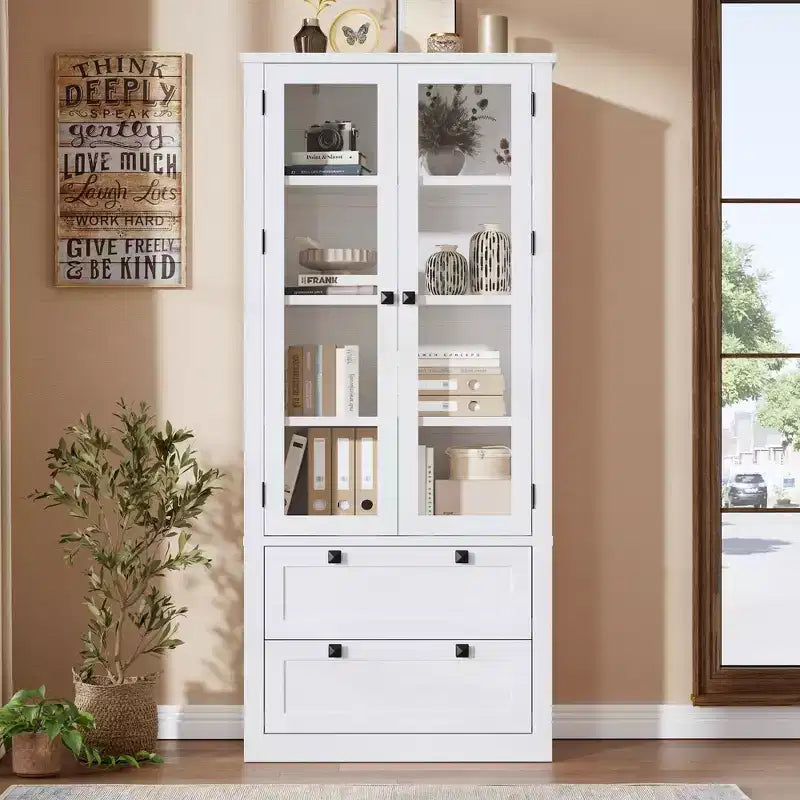 71 Tall Kitchen Pantry Cabinet - Modern Display Storage Cabinet with 2 Large Drawers, Glass Doors, and Adjustable Shelves,Farmhouse Kitchen Cupboard