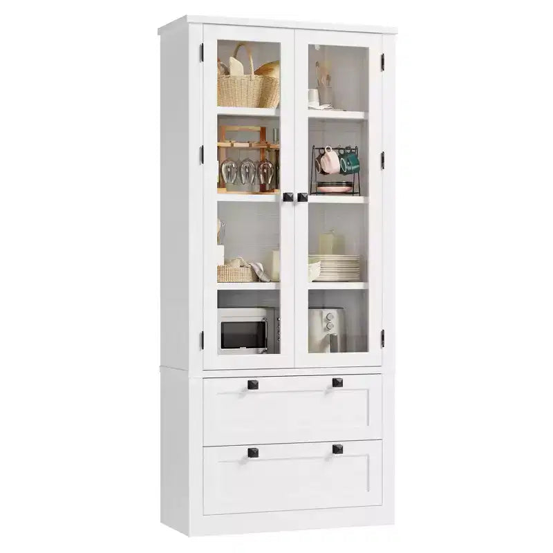 71 Tall Kitchen Pantry Cabinet - Modern Display Storage Cabinet with 2 Large Drawers, Glass Doors, and Adjustable Shelves,Farmhouse Kitchen Cupboard