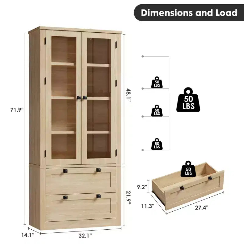 71 Tall Kitchen Pantry Cabinet - Modern Display Storage Cabinet with 2 Large Drawers, Glass Doors, and Adjustable Shelves,Farmhouse Kitchen Cupboard