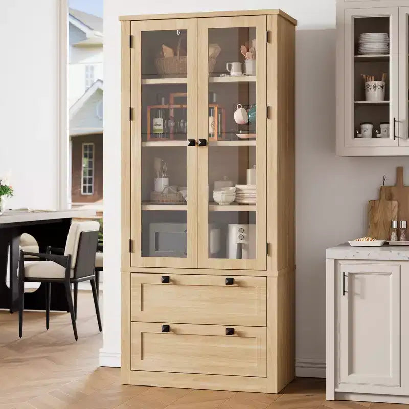 71 Tall Kitchen Pantry Cabinet - Modern Display Storage Cabinet with 2 Large Drawers, Glass Doors, and Adjustable Shelves,Farmhouse Kitchen Cupboard