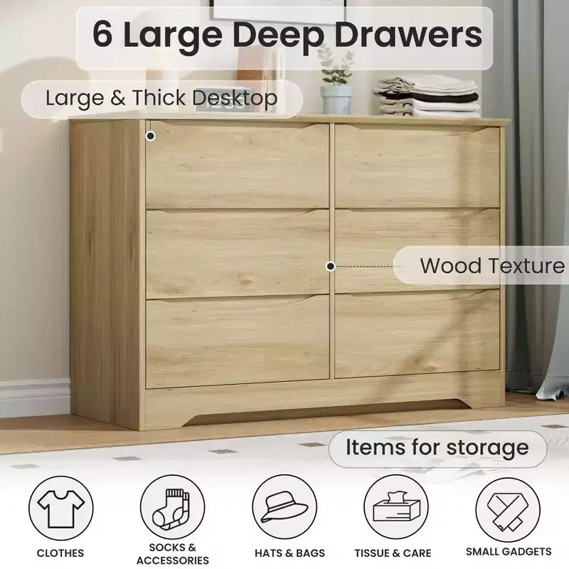 Modern Tall 6-Drawer Wooden Dresser with Wide Top - Deep Storage Chest for Bedroom, Living Room, Hallway & Kids' Room Organization