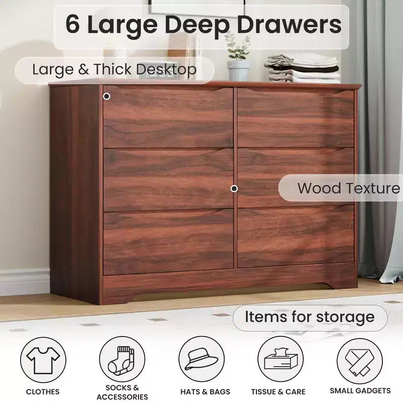 Modern Tall 6-Drawer Wooden Dresser with Wide Top - Deep Storage Chest for Bedroom, Living Room, Hallway & Kids' Room Organization