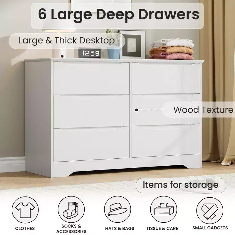 Modern Tall 6-Drawer Wooden Dresser with Wide Top - Deep Storage Chest for Bedroom, Living Room, Hallway & Kids' Room Organization