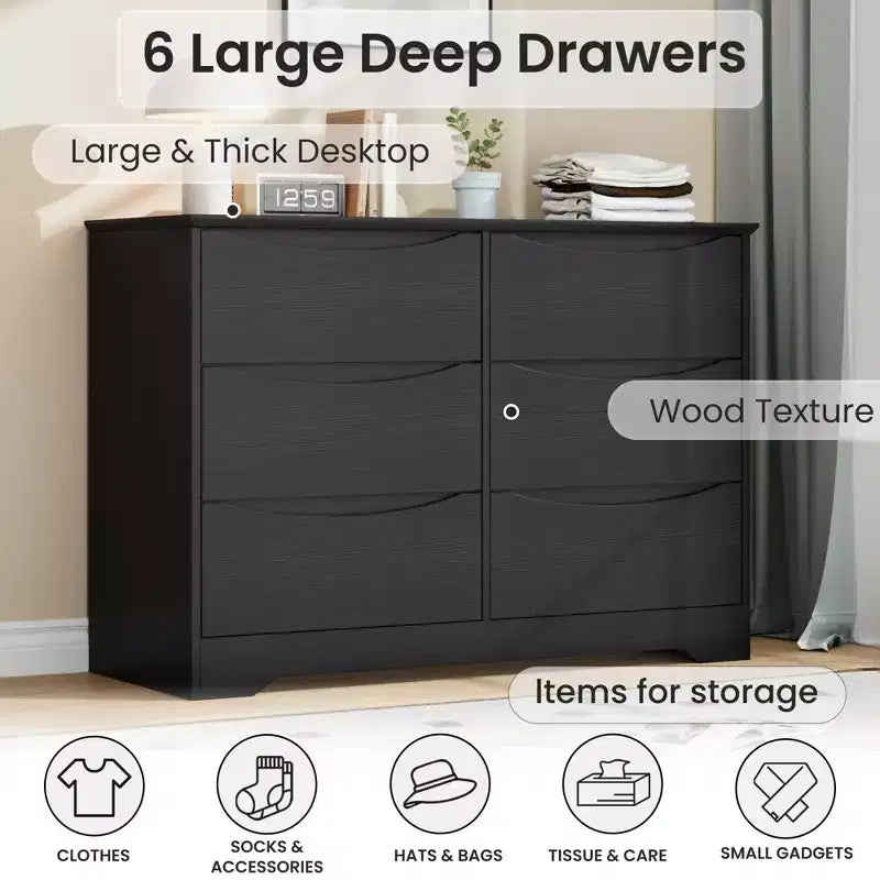 Modern Tall 6-Drawer Wooden Dresser with Wide Top - Deep Storage Chest for Bedroom, Living Room, Hallway & Kids' Room Organization