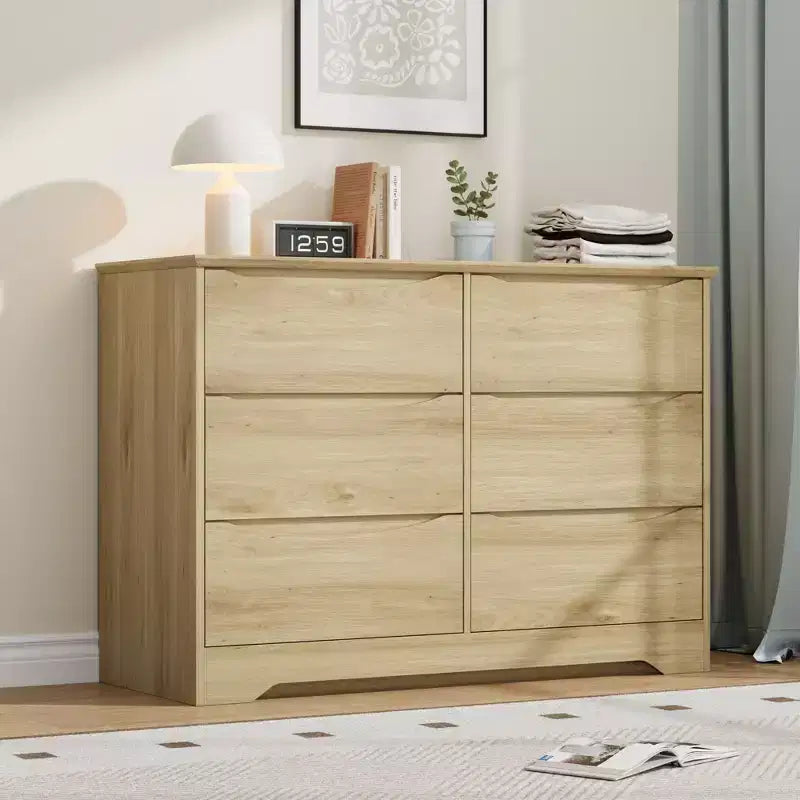 Modern Tall 6-Drawer Wooden Dresser with Wide Top - Deep Storage Chest for Bedroom, Living Room, Hallway & Kids' Room Organization