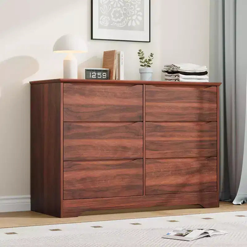 Modern Tall 6-Drawer Wooden Dresser with Wide Top - Deep Storage Chest for Bedroom, Living Room, Hallway & Kids' Room Organization