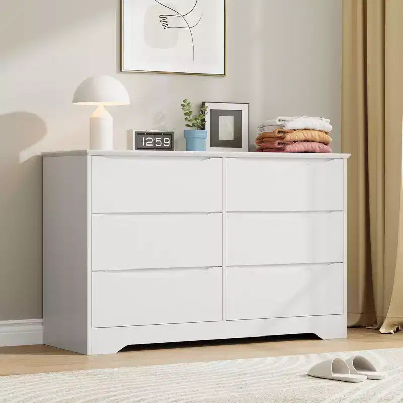 Modern Tall 6-Drawer Wooden Dresser with Wide Top - Deep Storage Chest for Bedroom, Living Room, Hallway & Kids' Room Organization