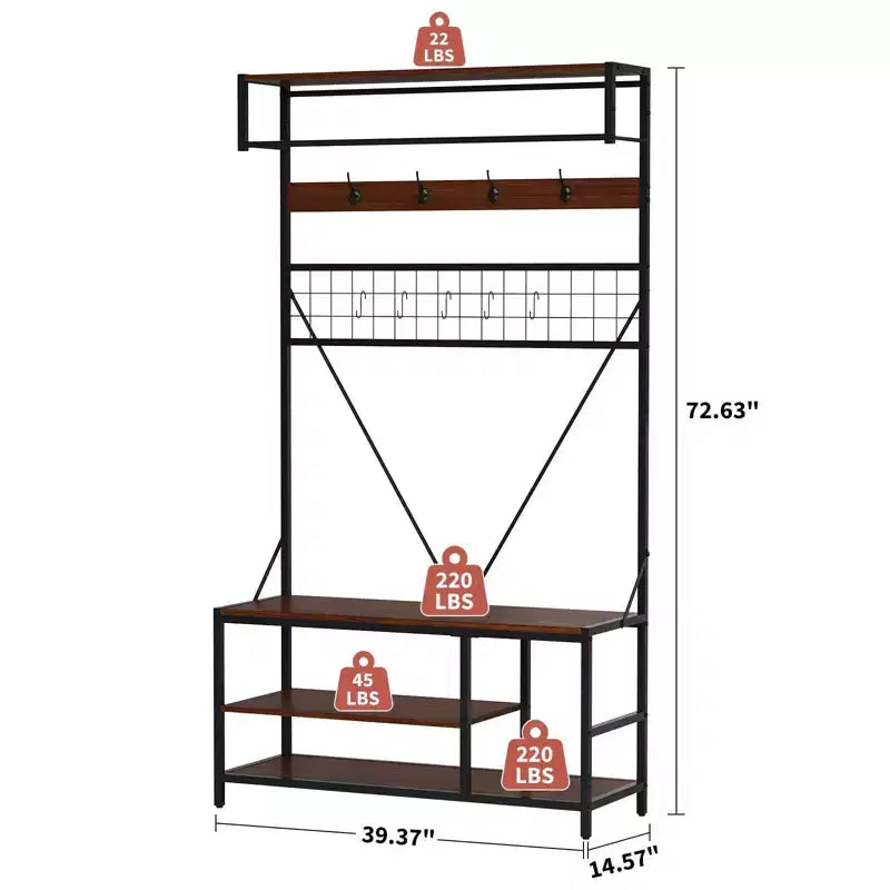 Hall Tree with Bench and Shoe Storage, 5 in 1 Entryway Shoe Bench with Coat rack, 39.37 Coat and Shoe Rack, Hanging Rod and 9 Hooks