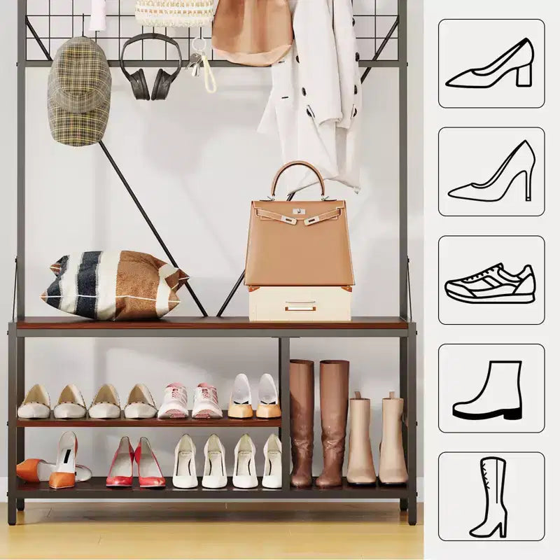 Hall Tree with Bench and Shoe Storage, 5 in 1 Entryway Shoe Bench with Coat rack, 39.37 Coat and Shoe Rack, Hanging Rod and 9 Hooks