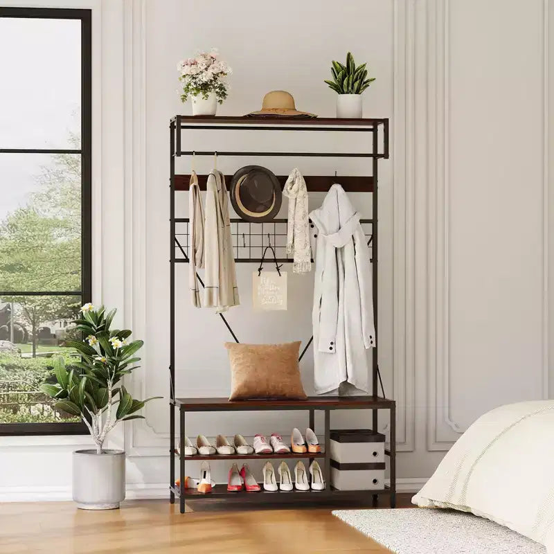 Hall Tree with Bench and Shoe Storage, 5 in 1 Entryway Shoe Bench with Coat rack, 39.37 Coat and Shoe Rack, Hanging Rod and 9 Hooks