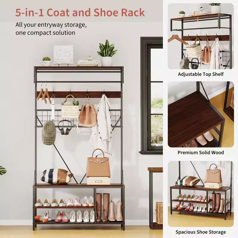 Hall Tree with Bench and Shoe Storage, 5 in 1 Entryway Shoe Bench with Coat rack, 39.37 Coat and Shoe Rack, Hanging Rod and 9 Hooks