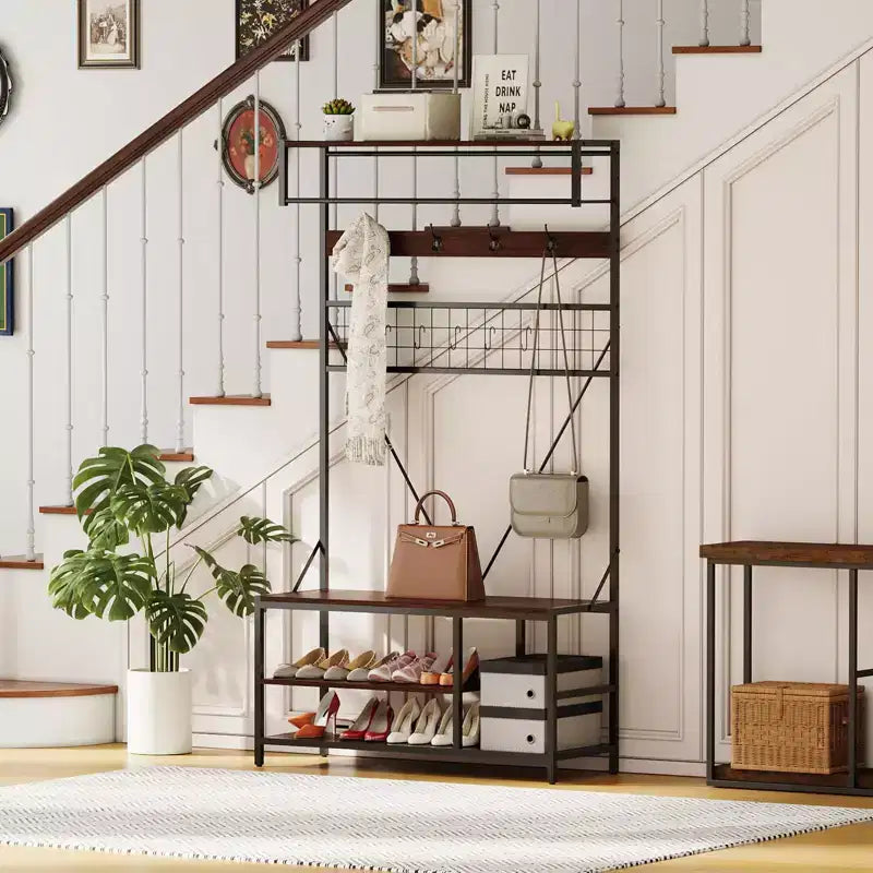Hall Tree with Bench and Shoe Storage, 5 in 1 Entryway Shoe Bench with Coat rack, 39.37 Coat and Shoe Rack, Hanging Rod and 9 Hooks