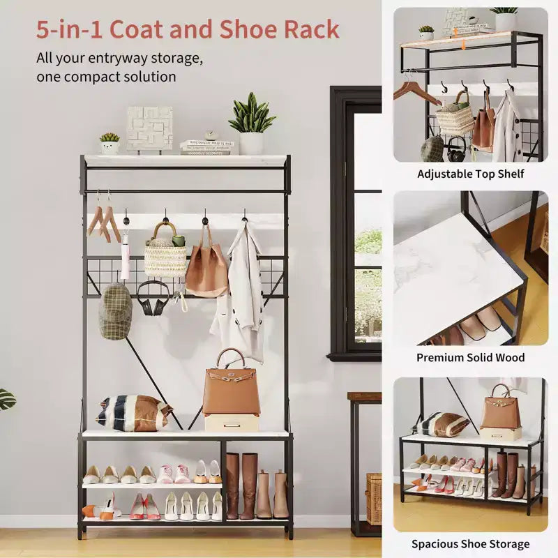 Hall Tree with Bench and Shoe Storage, 5 in 1 Entryway Shoe Bench with Coat rack, 39.37 Coat and Shoe Rack, Hanging Rod and 9 Hooks