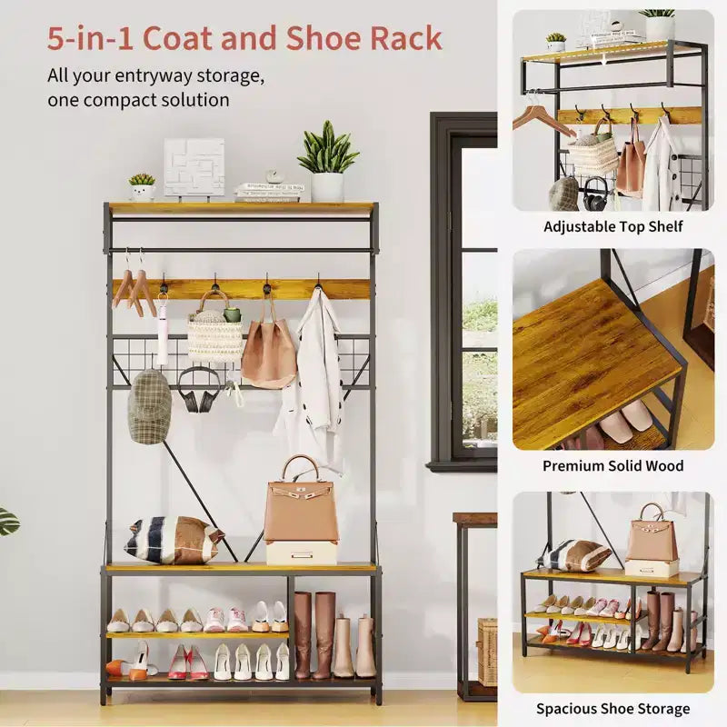 Hall Tree with Bench and Shoe Storage, 5 in 1 Entryway Shoe Bench with Coat rack, 39.37 Coat and Shoe Rack, Hanging Rod and 9 Hooks