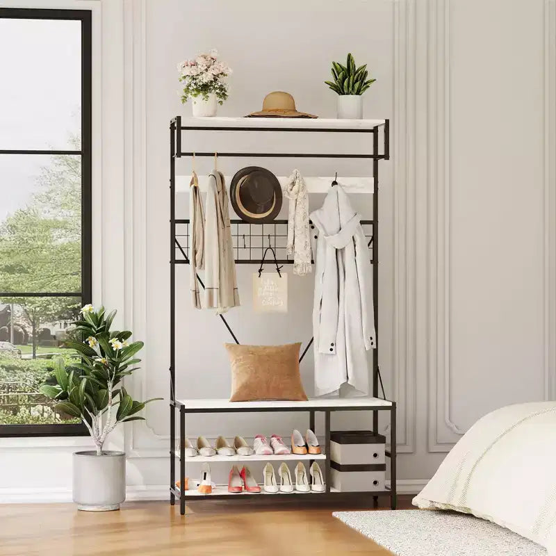 Hall Tree with Bench and Shoe Storage, 5 in 1 Entryway Shoe Bench with Coat rack, 39.37 Coat and Shoe Rack, Hanging Rod and 9 Hooks