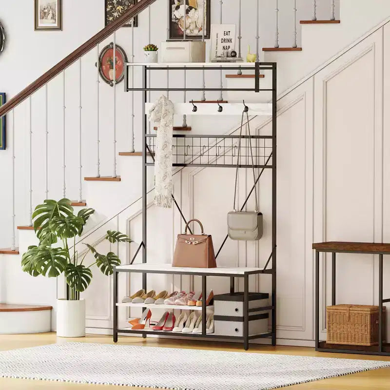 Hall Tree with Bench and Shoe Storage, 5 in 1 Entryway Shoe Bench with Coat rack, 39.37 Coat and Shoe Rack, Hanging Rod and 9 Hooks