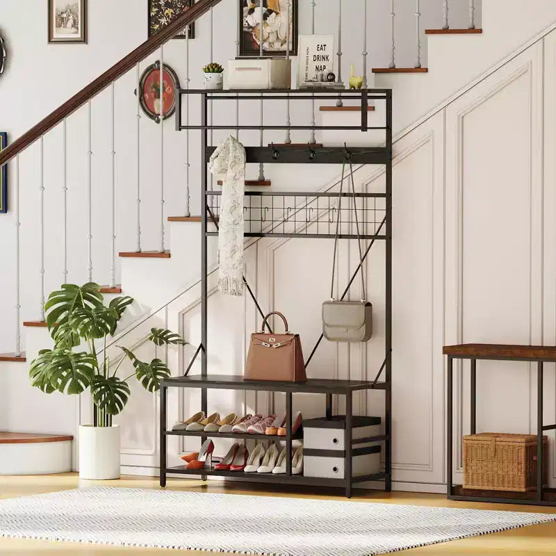 Hall Tree with Bench and Shoe Storage, 5 in 1 Entryway Shoe Bench with Coat rack, 39.37 Coat and Shoe Rack, Hanging Rod and 9 Hooks