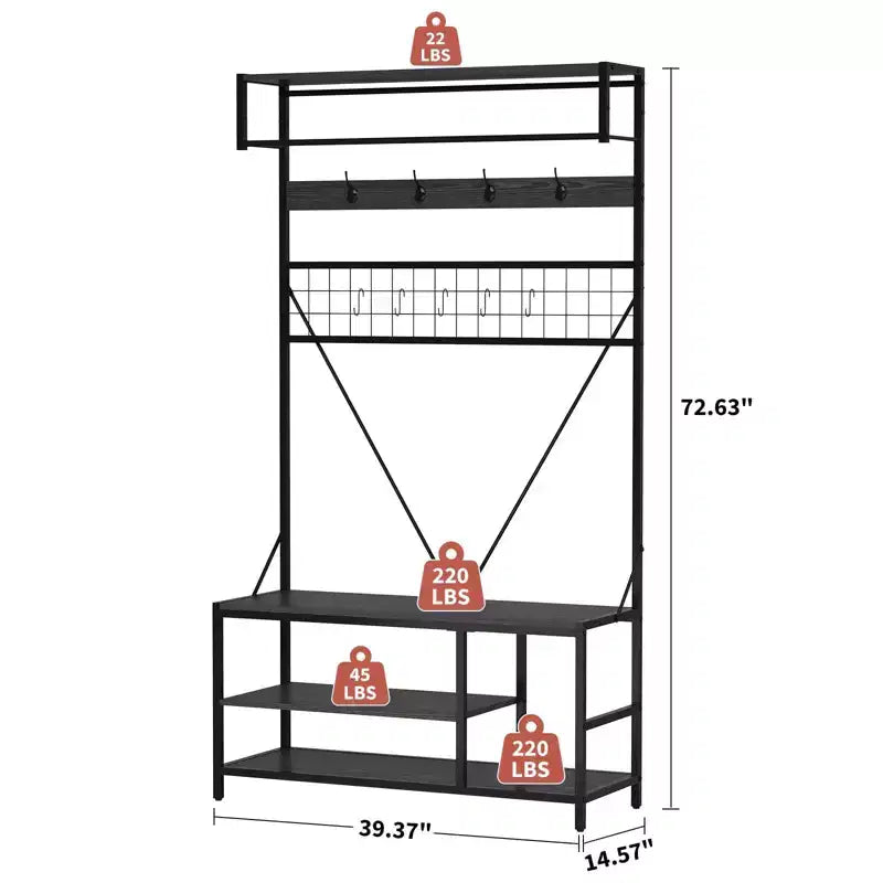 Hall Tree with Bench and Shoe Storage, 5 in 1 Entryway Shoe Bench with Coat rack, 39.37 Coat and Shoe Rack, Hanging Rod and 9 Hooks