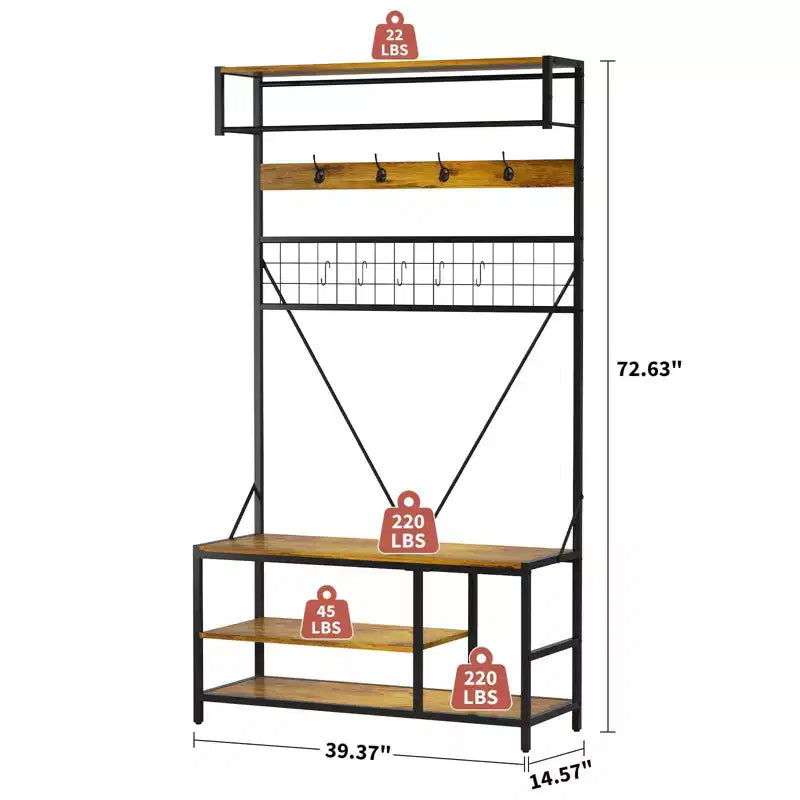 Hall Tree with Bench and Shoe Storage, 5 in 1 Entryway Shoe Bench with Coat rack, 39.37 Coat and Shoe Rack, Hanging Rod and 9 Hooks