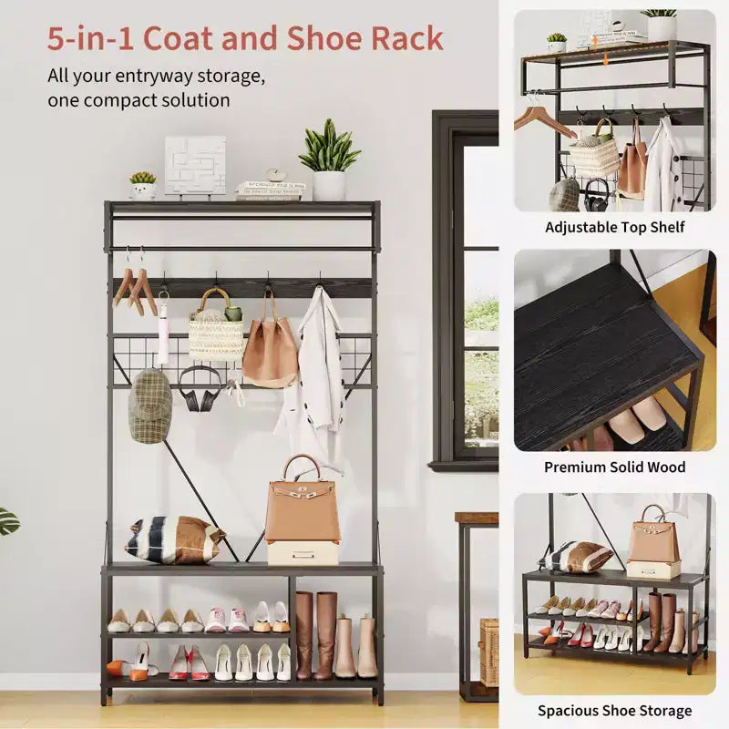 Hall Tree with Bench and Shoe Storage, 5 in 1 Entryway Shoe Bench with Coat rack, 39.37 Coat and Shoe Rack, Hanging Rod and 9 Hooks
