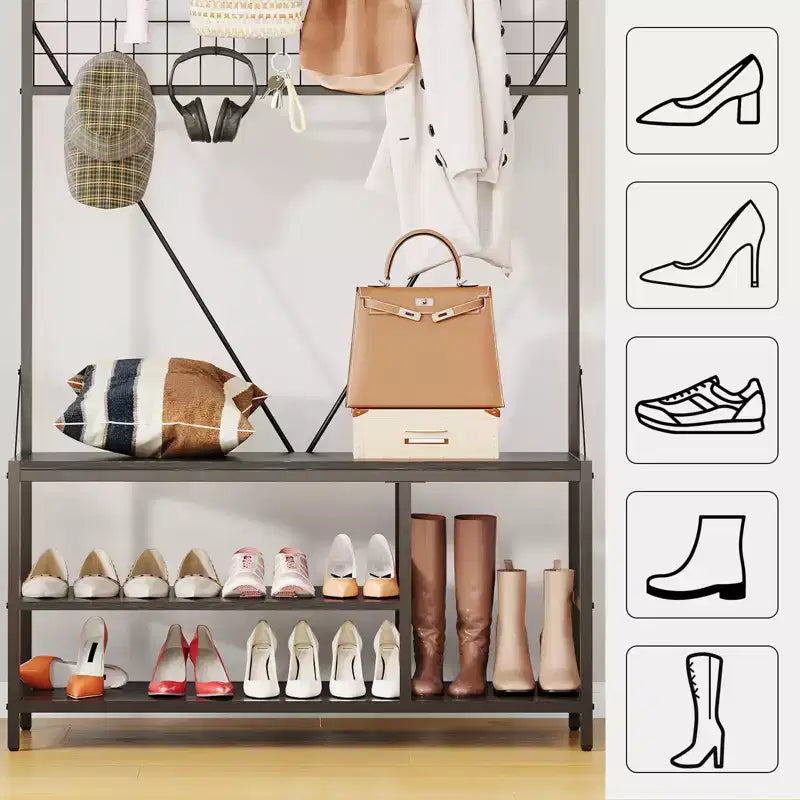 Hall Tree with Bench and Shoe Storage, 5 in 1 Entryway Shoe Bench with Coat rack, 39.37 Coat and Shoe Rack, Hanging Rod and 9 Hooks