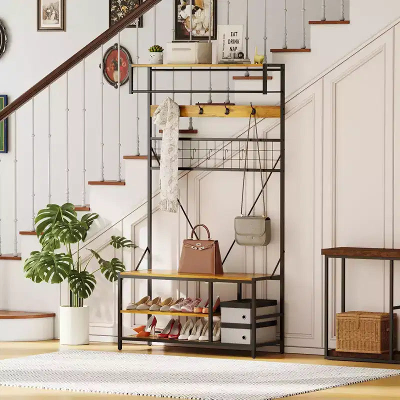 Hall Tree with Bench and Shoe Storage, 5 in 1 Entryway Shoe Bench with Coat rack, 39.37 Coat and Shoe Rack, Hanging Rod and 9 Hooks