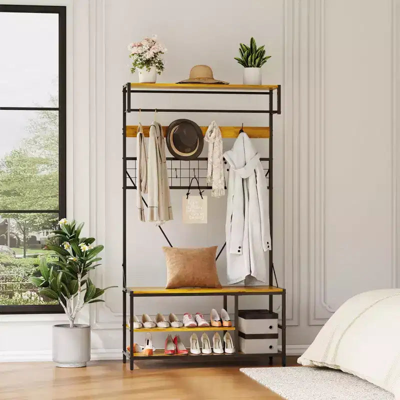 Hall Tree with Bench and Shoe Storage, 5 in 1 Entryway Shoe Bench with Coat rack, 39.37 Coat and Shoe Rack, Hanging Rod and 9 Hooks