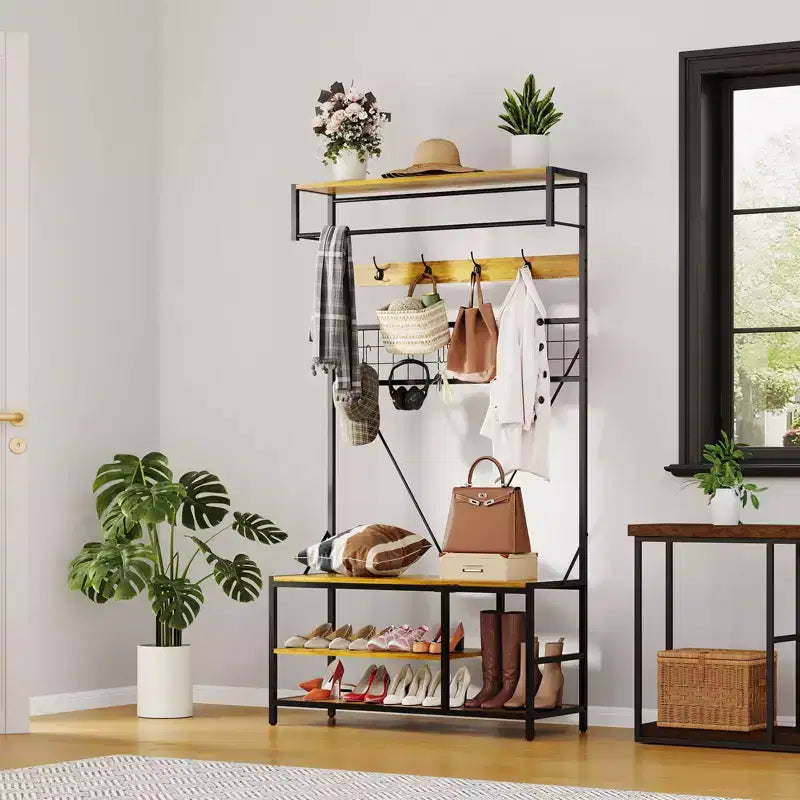 Hall Tree with Bench and Shoe Storage, 5 in 1 Entryway Shoe Bench with Coat rack, 39.37 Coat and Shoe Rack, Hanging Rod and 9 Hooks