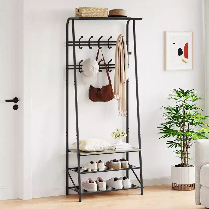 Modern Multi-Functional Hall Tree with Bench & Shoe Storage  5-Hook Coat Rack with Metal Frame & Wood Look for Entryway, Hallway, and Bedroom