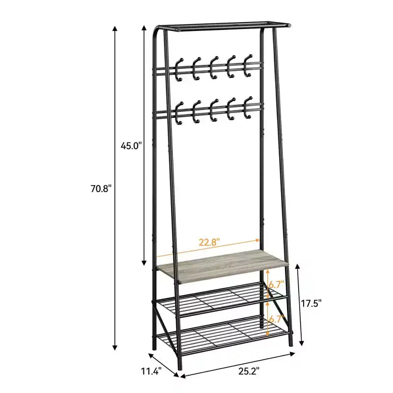Modern Multi-Functional Hall Tree with Bench & Shoe Storage 5-Hook Coat Rack with Metal Frame & Wood Look for Entryway, Hallway, and Bedroom