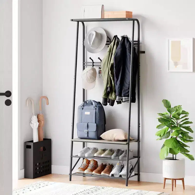 Modern Multi-Functional Hall Tree with Bench & Shoe Storage 5-Hook Coat Rack with Metal Frame & Wood Look for Entryway, Hallway, and Bedroom