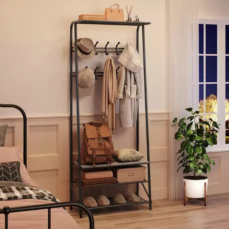 Modern Multi-Functional Hall Tree with Bench & Shoe Storage 5-Hook Coat Rack with Metal Frame & Wood Look for Entryway, Hallway, and Bedroom