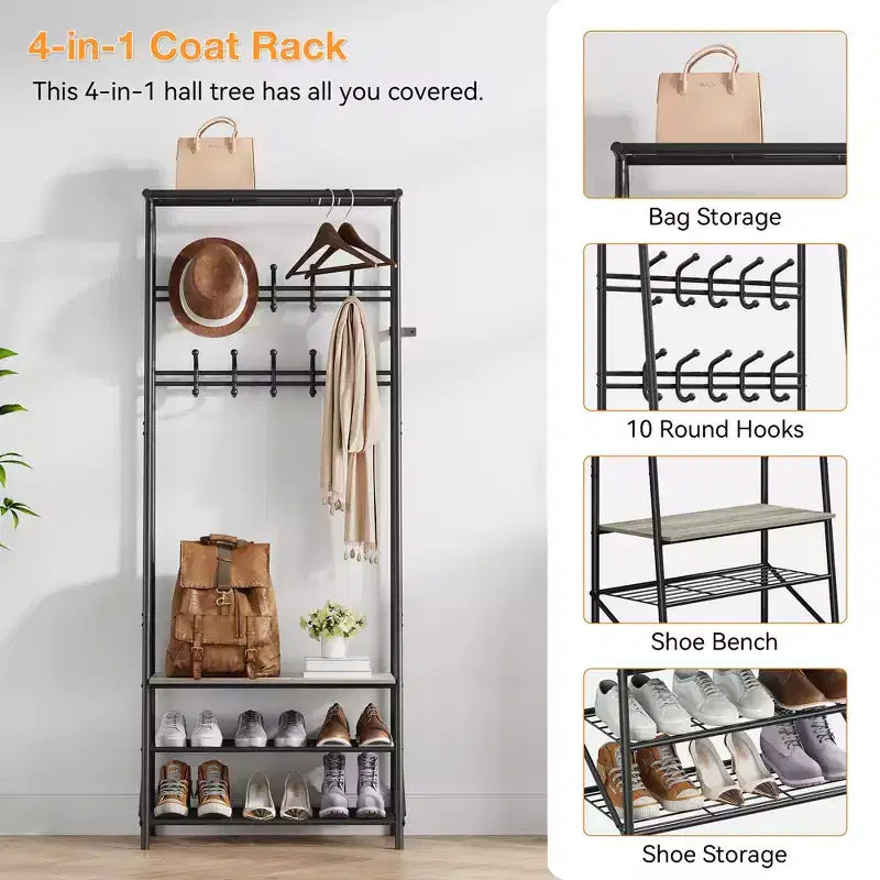 Modern Multi-Functional Hall Tree with Bench & Shoe Storage 5-Hook Coat Rack with Metal Frame & Wood Look for Entryway, Hallway, and Bedroom