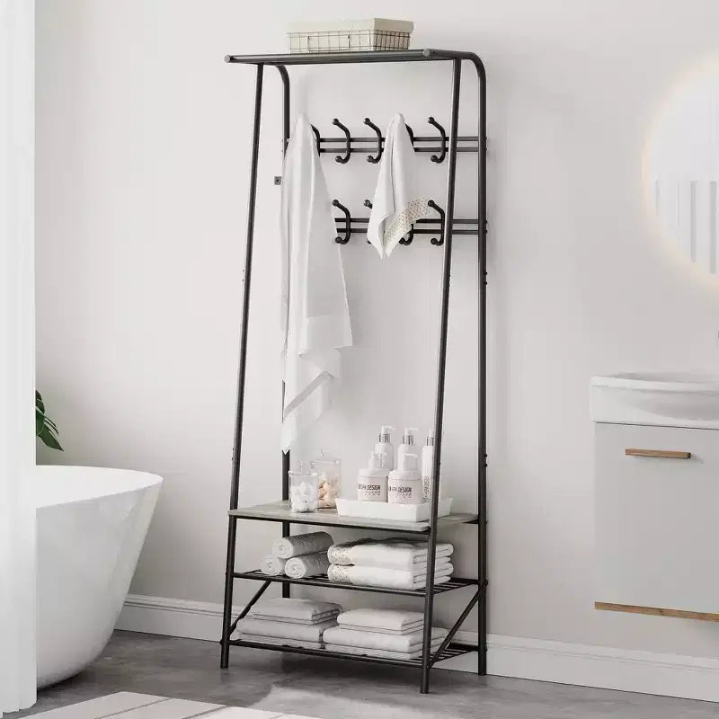 Modern Multi-Functional Hall Tree with Bench & Shoe Storage 5-Hook Coat Rack with Metal Frame & Wood Look for Entryway, Hallway, and Bedroom