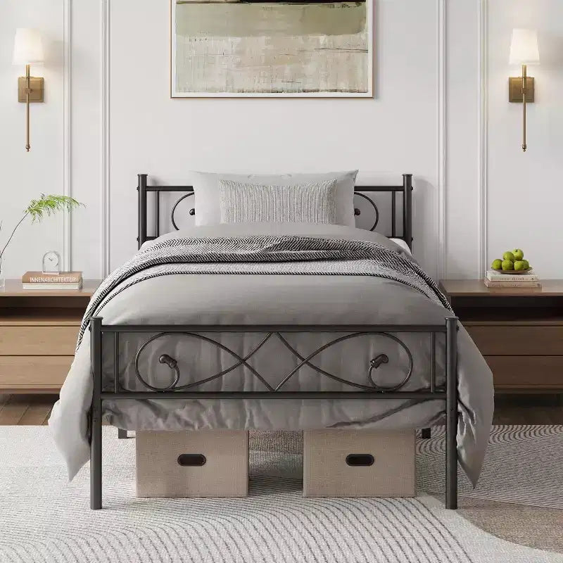 Platform Bed Frame, Metal with Unique First Design Headboard, Under Bed Storage, No Box Spring Required, Easy Assembly Noise Free