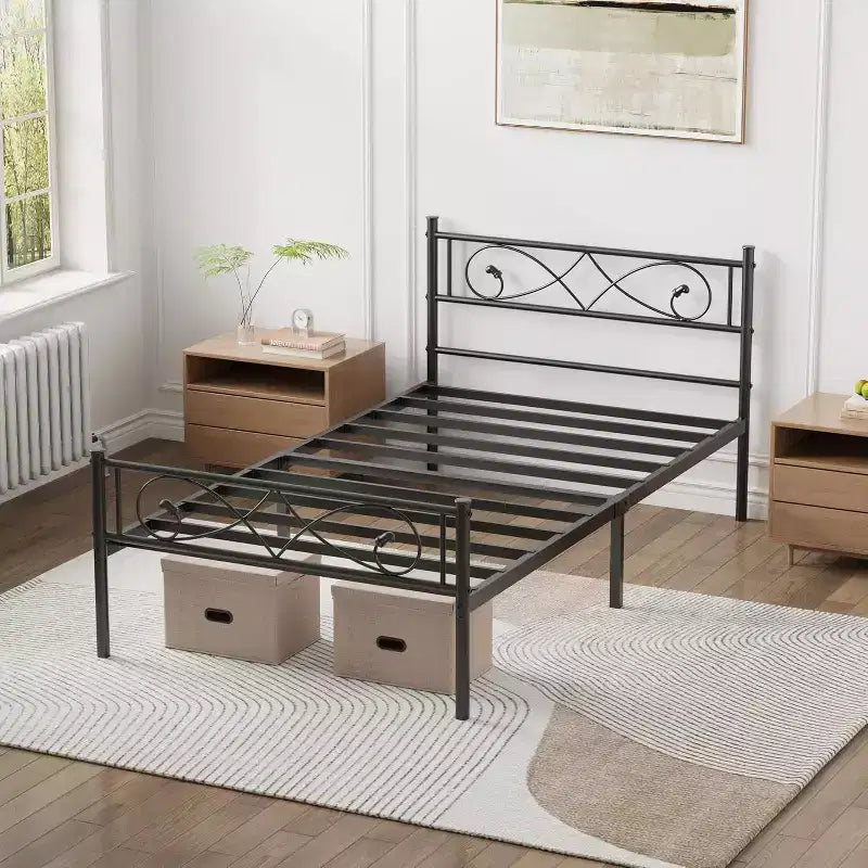 Platform Bed Frame, Metal with Unique First Design Headboard, Under Bed Storage, No Box Spring Required, Easy Assembly Noise Free