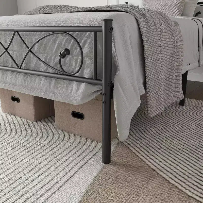 Platform Bed Frame, Metal with Unique First Design Headboard, Under Bed Storage, No Box Spring Required, Easy Assembly Noise Free