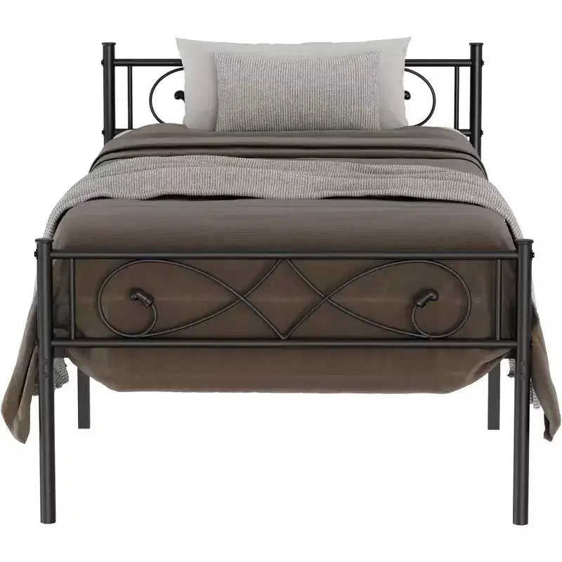 Platform Bed Frame, Metal with Unique First Design Headboard, Under Bed Storage, No Box Spring Required, Easy Assembly Noise Free